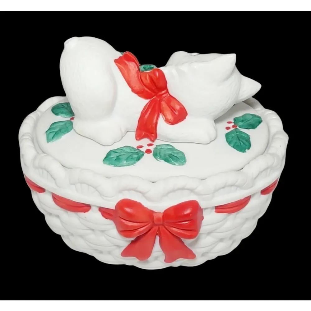 VTG Lefton Porcelain Christmas Kitty Trinket‎ Dish Bowl Holly Ribbon 1987 READ